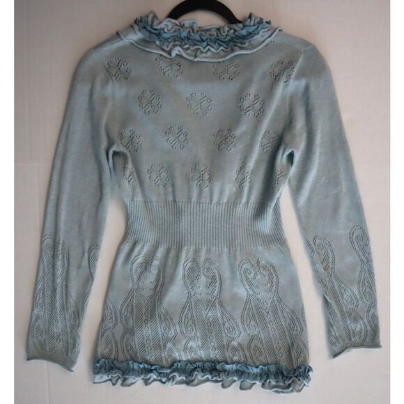 Anthropologie Guinevere Women's Sz M Blue Pointelle Ruffled Curly Top Cardigan - Picture 12 of 12
